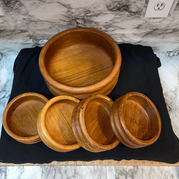 *01 Teak Wood salad bowl set 10" Serving Bowl 4 , 6" Salad Bowls Brown Wood - Picture 1 of 7